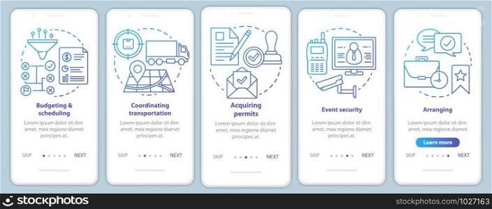 Event planning onboarding mobile app page screen with linear concepts. Budgeting and scheduling, arranging, transportation walkthrough steps graphic instructions. UX, UI, GUI vector template