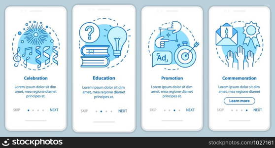 Event purposes onboarding mobile app page screen with linear concepts. Celebration, education, promotion, commemoration walkthrough graphic instructions. UX, UI, GUI vector template with illustrations