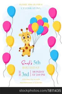 Event template with cute little giraffe flying on balloons. Happy Birthday printable party invitation card template. Bright colored stock vector illustration