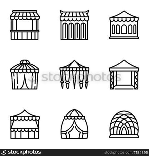 Event tent icon set. Outline set of 9 event tent vector icons for web design isolated on white background. Event tent icon set, outline style