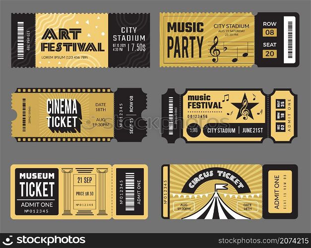 Event tickets. Entrance entertainment tickets to theatre cinema kids party soccer music concert recent vector design templates collection. Illustration entertainment event ticket, concert admission. Event tickets. Entrance entertainment tickets to theatre cinema kids party soccer music concert recent vector design templates collection