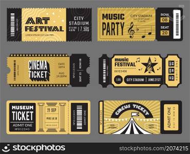 Event tickets. Entrance entertainment tickets to theatre cinema kids party soccer music concert recent vector design templates collection. Illustration entertainment event ticket, concert admission. Event tickets. Entrance entertainment tickets to theatre cinema kids party soccer music concert recent vector design templates collection