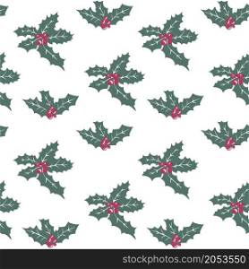 Evergreen foliage and leafage, mistletoe plant symbol of new year and christmas holiday celebration. Herb or decorative lush botany. Seamless pattern background or print. Vector in flat style. Mistletoe plant with evergreen leaves and berries