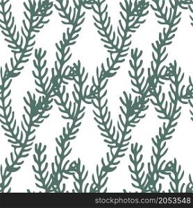 Evergreen pine tree branches, spruce or fit symbol of xmas and new year holiday. Forest or woods with lush foliage and woodland botany. Seamless pattern background or print. Vector in flat style. Pine tree branches, evergreen foliage twigs vector