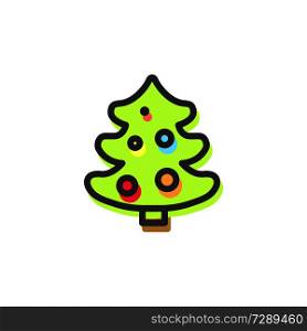 Evergreen pine tree, traditional element and Christmas symbol, fir decorated with glowing balls, vector illustration isolated on white background. Evergreen Pine Tree Christmas Vector Illustration