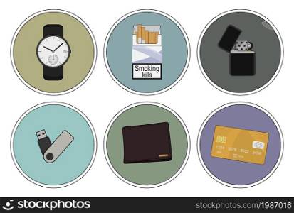 Every day carry detailed icons set. Hand watches, money wallet, gasoline lighter, mp3 music player, cigarettes pack, credit card. Vector clip art color illustrations isolated on white. Every day carry detailed icons set