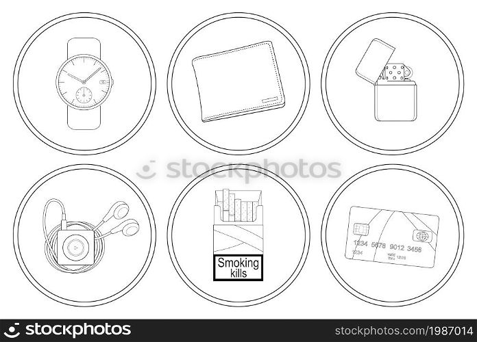 Every day carry detailed linear icons set. Hand watches, money wallet, gasoline lighter, mp3 music player, cigarettes pack, credit card. Vector clip art illustrations isolated on white. Every day carry detailed linear icons set