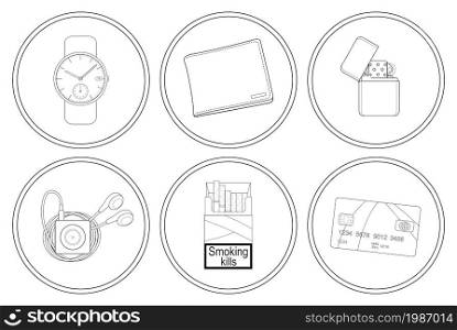 Every day carry detailed linear icons set. Hand watches, money wallet, gasoline lighter, mp3 music player, cigarettes pack, credit card. Vector clip art illustrations isolated on white. Every day carry detailed linear icons set