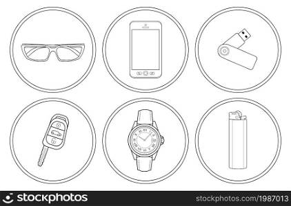Every day carry detailed linear icons set. Sunglasses, mobile phone, usb flash drive, car keys, hand watches, gas lighter. Vector clip art illustrations isolated on white . Every day carry detailed linear icons set