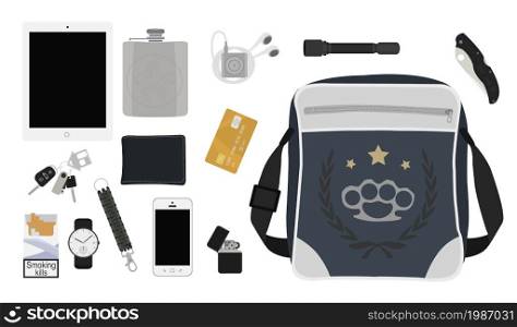Every day carry man items collection. Tablet computer, flask, mp3 player, flashlight, pocket knife, bag, lighter, mobile phone, bracelet, watch, cigarettes, keys, usb, wallet, credit card. No outline. Everyday carry man items. Color