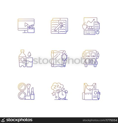 Everyday activities gradient linear vector icons set. Watching TV for entertainment at home. Daily routine. Thin line contour symbols bundle. Isolated vector outline illustrations collection. Everyday activities gradient linear vector icons set