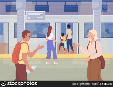 Everyday life at subway station flat color vector illustration. Mass rapid transit. Modern urban lifestyle. Public transport 2D simple cartoon characters with cityscape on background. Everyday life at subway station flat color vector illustration