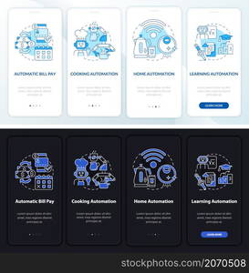 Everyday life automation night, day onboarding mobile app screen. Walkthrough 4 steps graphic instructions pages with linear concepts. UI, UX, GUI template. Myriad Pro-Bold, Regular fonts used. Everyday life automation night, day onboarding mobile app screen