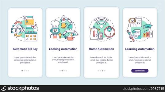 Everyday life automation onboarding mobile app screen. Automatic system walkthrough 4 steps graphic instructions pages with linear concepts. UI, UX, GUI template. Myriad Pro-Bold, Regular fonts used. Everyday life automation onboarding mobile app screen