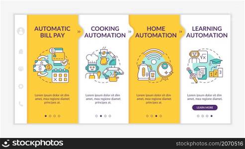 Everyday life automation yellow and white onboarding template. Responsive mobile website with linear concept icons. Web page walkthrough 4 step screens. Lato-Bold, Regular fonts used. Everyday life automation yellow and white onboarding template