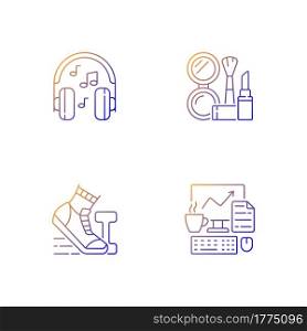 Everyday office worker routine gradient linear vector icons set. Listening music in headphones. Makeup and cosmetic. Thin line contour symbols bundle. Isolated vector outline illustrations collection. Everyday office worker routine gradient linear vector icons set