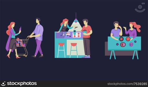 Everyday routine scenes and spend time together of young romantic couple. Pair of boy and girl cooking food and eating. Vector people character. Colorful flat concept illustration.. Everyday routine scenes and spend time together of young romantic couple.