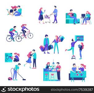 Everyday routine scenes and spend time together of young romantic couple. Pair of boy and girl cleaning up house, cooking food, washing clothes. Vector people character. Editable outline stroke size. Colorful flat concept illustration.. Everyday routine scenes and spend time together of young romantic couple.