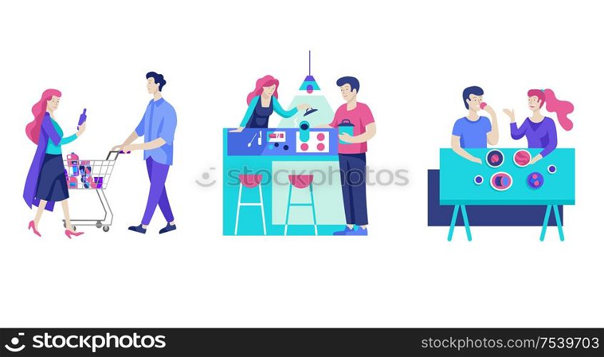 Everyday routine scenes and spend time together of young romantic couple. Pair of boy and girl cooking food and eating. Vector people character. Editable outline stroke size. Colorful flat concept illustration.. Everyday routine scenes and spend time together of young romantic couple.