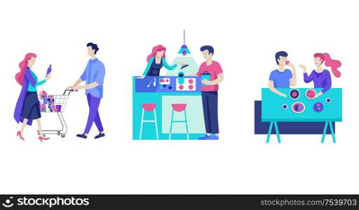 Everyday routine scenes and spend time together of young romantic couple. Pair of boy and girl cooking food and eating. Vector people character. Editable outline stroke size. Colorful flat concept illustration.. Everyday routine scenes and spend time together of young romantic couple.