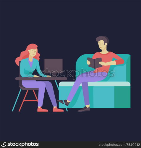 Everyday routine scenes and spend time together of young romantic couple. Pair of boy and girl. Vector people character. Colorful flat concept illustration.. Everyday routine scenes and spend time together of young romantic couple.