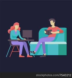 Everyday routine scenes and spend time together of young romantic couple. Pair of boy and girl. Vector people character. Colorful flat concept illustration.. Everyday routine scenes and spend time together of young romantic couple.