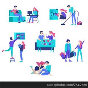 Everyday routine scenes and spend time together of young romantic couple. Pair of boy and girl cleaning up house, cooking food, washing clothes. Vector people character. Editable outline stroke size. Colorful flat concept illustration.. Everyday routine scenes and spend time together of young romantic couple.