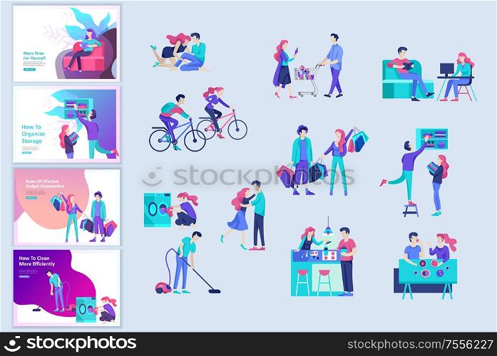 Everyday routine scenes and spend time together of young romantic couple. Pair of boy and girl. Vector people character. Editable outline stroke size. Colorful flat concept illustration.. Everyday routine scenes and spend time together of young romantic couple. Pair of boy and girl. Vector people character. Editable outline stroke size