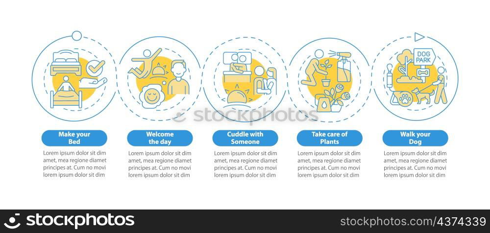 Everyday routine tips circle infographic template. Start new day. Data visualization with 5 steps. Process timeline info chart. Workflow layout with line icons. Lato-Bold, Regular fonts used. Everyday routine tips circle infographic template