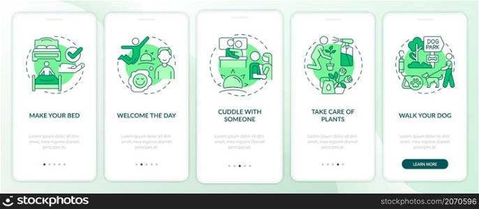 Everyday routine tips green onboarding mobile app screen. Starting day walkthrough 5 steps graphic instructions pages with linear concepts. UI, UX, GUI template. Myriad Pro-Bold, Regular fonts used. Everyday routine tips green onboarding mobile app screen