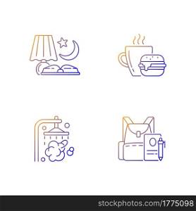 Everyday schedule and routine gradient linear vector icons set. Evening reading. Lunch meal. Daily activities. Thin line contour symbols bundle. Isolated vector outline illustrations collection. Everyday schedule and routine gradient linear vector icons set