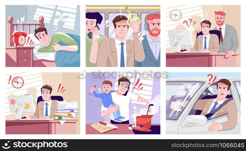 Everyday stress flat vector illustrations set. Tired office manager overworking, boss screaming on employee. Angry driver, stressed father with son cooking cartoon characters. Routine anxiety