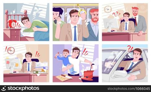 Everyday stress flat vector illustrations set. Tired office manager overworking, boss screaming on employee. Angry driver, stressed father with son cooking cartoon characters. Routine anxiety