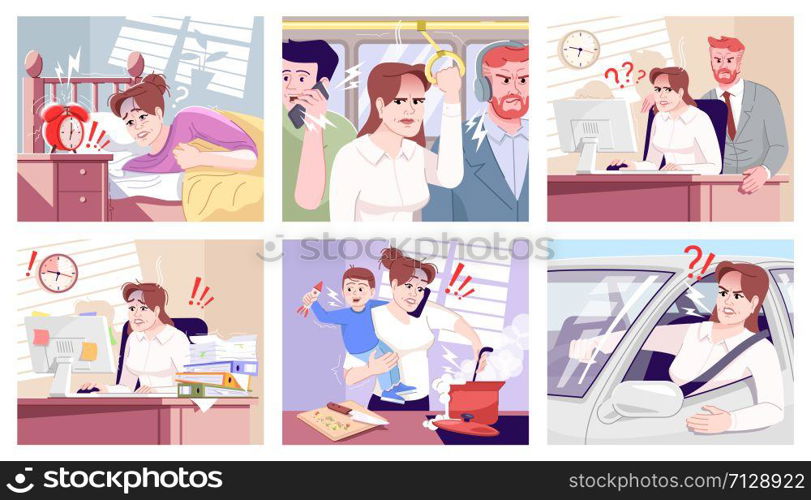 Everyday stress flat vector illustrations set. Tired office worker, boss screaming on employee. Yelling driver, multitasking mother with son, waking up in morning cartoon characters. Routine anxiety