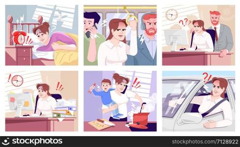 Everyday stress flat vector illustrations set. Tired office worker, boss screaming on employee. Yelling driver, multitasking mother with son, waking up in morning cartoon characters. Routine anxiety