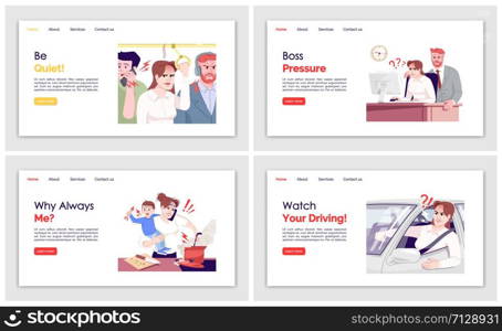 Everyday stress landing page vector templates set. Boss pressure website interface, flat illustrations. Nervous woman. Car driving homepage layout. Routine anxiety web banner, webpage cartoon concept