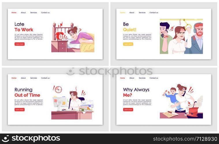 Everyday stress landing page vector templates set. Late to work website interface idea, flat illustration. Running out of time homepage layout. Household work guide web banner, webpage cartoon concept