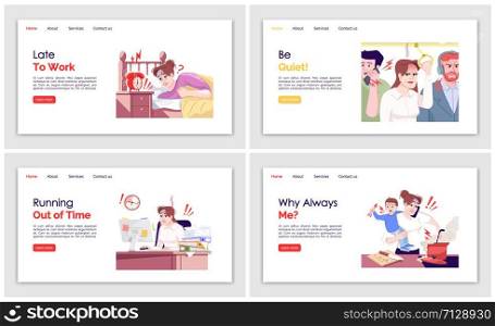 Everyday stress landing page vector templates set. Late to work website interface idea, flat illustration. Running out of time homepage layout. Household work guide web banner, webpage cartoon concept