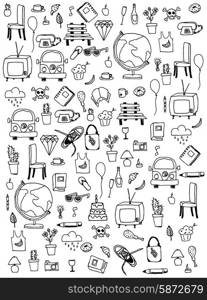 Everyday things, handdrawn, black and white, vector illustration