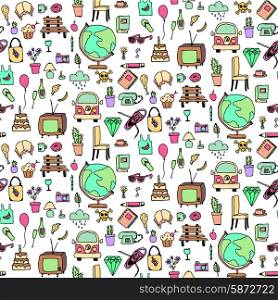 Everyday things, handdrawn, colorful, seamless pattern, vector illustration