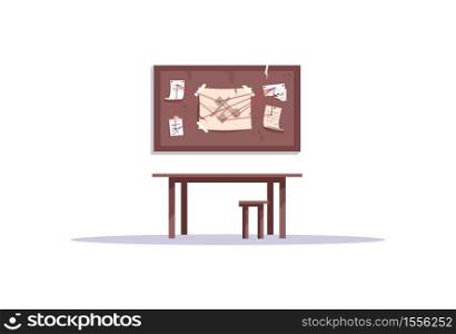 Evidence board semi flat RGB color vector illustration. Wooden board with clues, notes isolated cartoon object on white background. Detective investigation, crime solving. Escape room challenge. Evidence board semi flat RGB color vector illustration