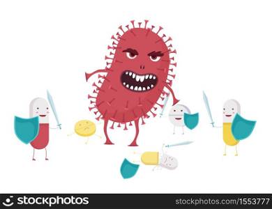 Evil bacterium with antibiotic resistance illustration. Red monster coronavirus destroys pills with shields and swords dangerous biological threat to bodys flat resistant vector microorganism.. Evil bacterium with antibiotic resistance illustration. Red monster coronavirus destroys pills with shields and swords.