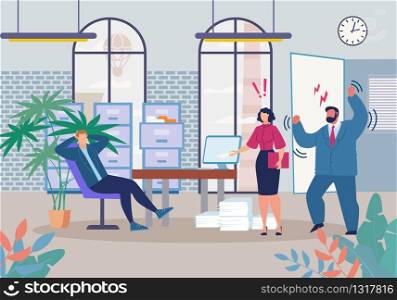 Evil Boss Chief and Shocked Executive Manager Shouting in Lazy Worker Procrastinating, Wasting Time, Delaying Work. Cartoon Business People Characters. Office Room Interior. Vector Flat Illustration. Boss and Manager Shouting in Lazy Worker Cartoon
