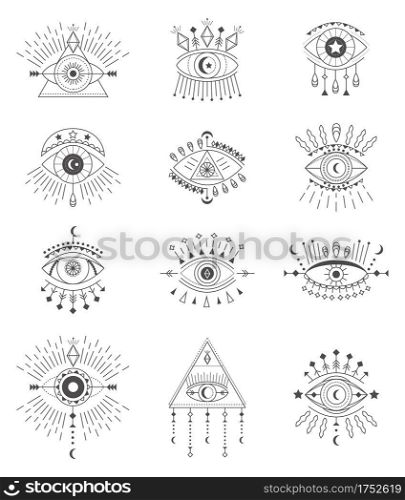 Evil eye icon set vector. Eye of providence and esoteric symbols. Magic sign for tarot carts. Witchcraft talisman, alchemy and magic tattoo illustration in line style. Lucky souvenir collection.. Evil eye icon set vector. Eye of providence and esoteric symbols. Magic sign for tarot carts. Witchcraft talisman, alchemy and magic tattoo illustration in line style. Lucky souvenir