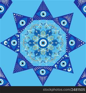 Evil eye mandala seamless pattern. Symbol of protection, Turkish souvenir.. Evil eye mandala seamless pattern. Symbol of protection, Turkish souvenir