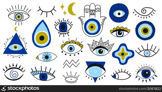 Evil eye symbols. Hand drawn eyes talismans, fatima hand, hamsa and turkish evil eye, sacred spirituality amulets vector illustration icons set. Magic, witchcraft, occult symbols, moon and stars. Evil eye symbols. Hand drawn eyes talismans, fatima hand, hamsa and turkish evil eye, sacred spirituality amulets vector illustration icons set