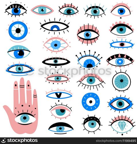 Evil eyes. Hand drawn various talismans, different shapes mystic elements, luck occult amulet, magic alchemy sketch eye tattoo vector isolated traditional symbols. Evil eyes. Hand drawn various talismans, different shapes mystic elements, luck occult amulet, magic alchemy sketch eye tattoo vector symbols