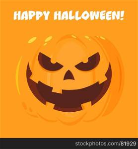 Evil Halloween Pumpkin Cartoon Emoji Face Character. Illustration Flat Design Style With Background And Text Happy Halloween