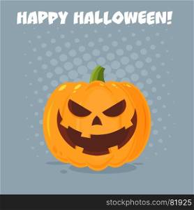 Evil Halloween Pumpkin Cartoon Emoji Face Character With Expression. Illustration Flat Design Style With Background And Text Happy Halloween