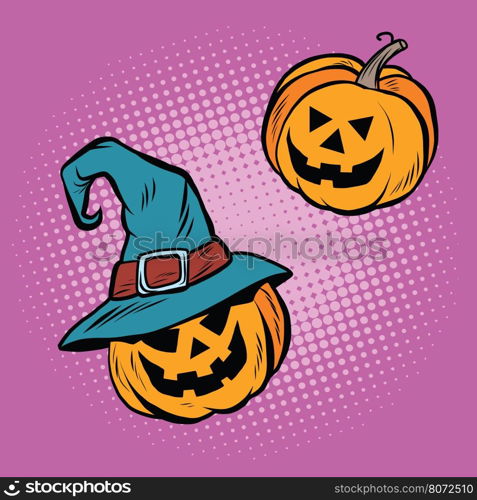 Evil Halloween pumpkin hat pilgrim, pop art retro vector illustration